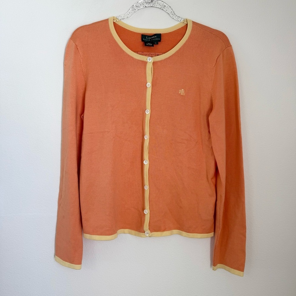 Lauren Ralph Lauren Women Sweater Silk Button Up Embroidery Logo Orange Size L